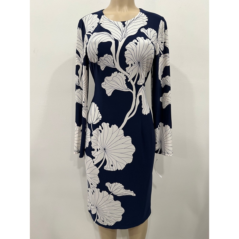 Maggy London Womens Sheath Dress 10 Navy Blue Ivory Floral Long Sleeve Stretch